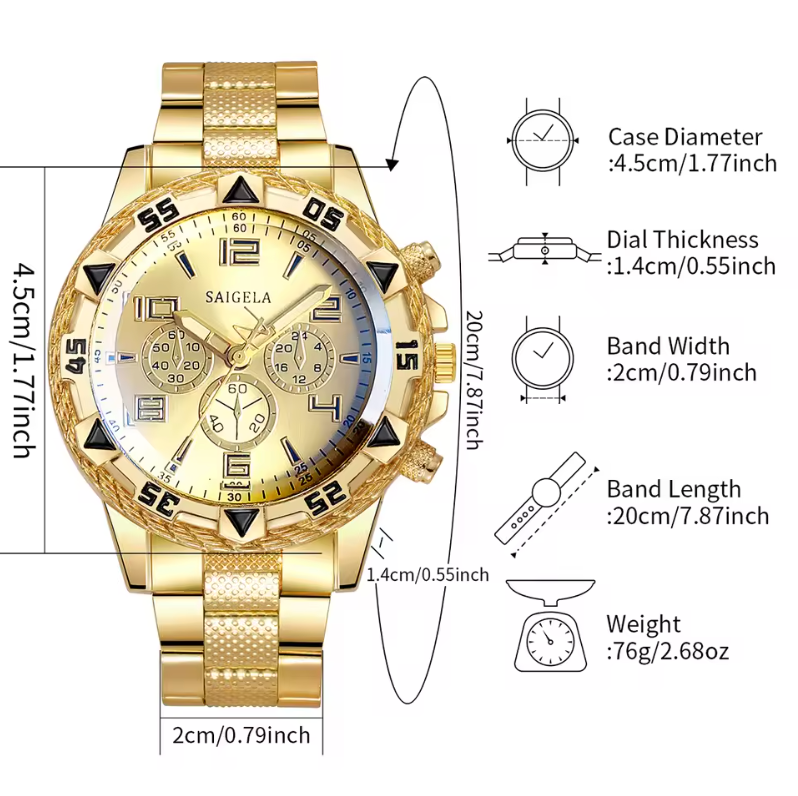 2pc Gold Plated Premium Fashion Cut Stainless Steel Luxury Watch Bracelet Set
