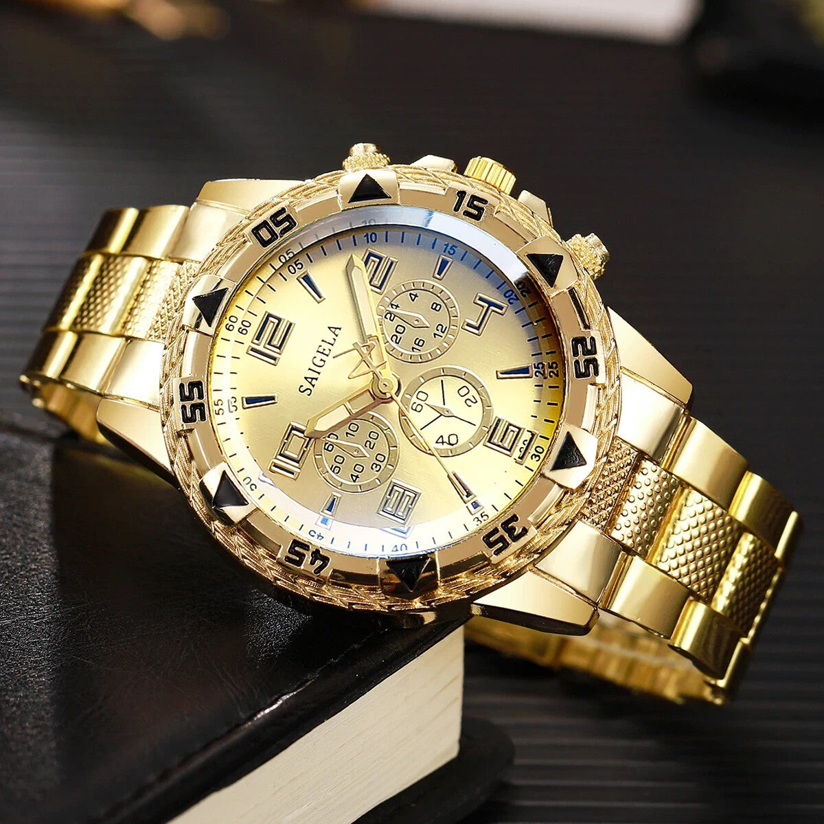 2pc Gold Plated Premium Fashion Cut Stainless Steel Luxury Watch Bracelet Set