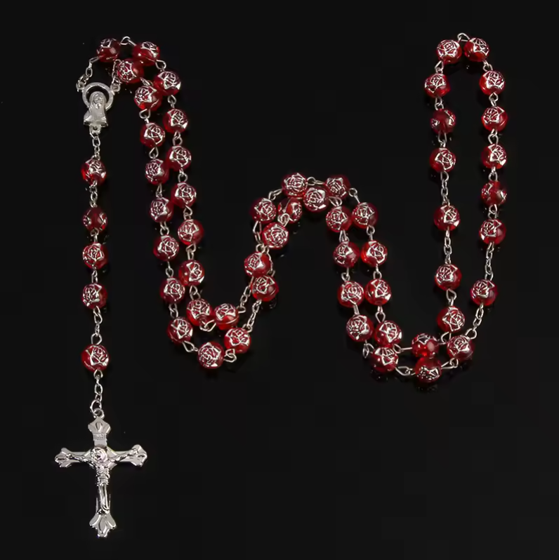 Beaded Rosary Pendant Necklace Alloy Cross Virgin Mary