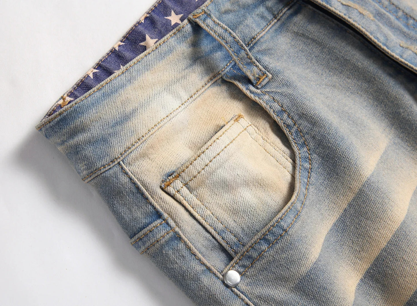 Mens Custom Street Style Biker Denim Distressed Jeans With Star Print And Cuffs