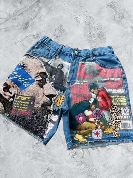Retro City Theme Custom Graphic Jean Shorts Musical Artist Collage Denim Jorts