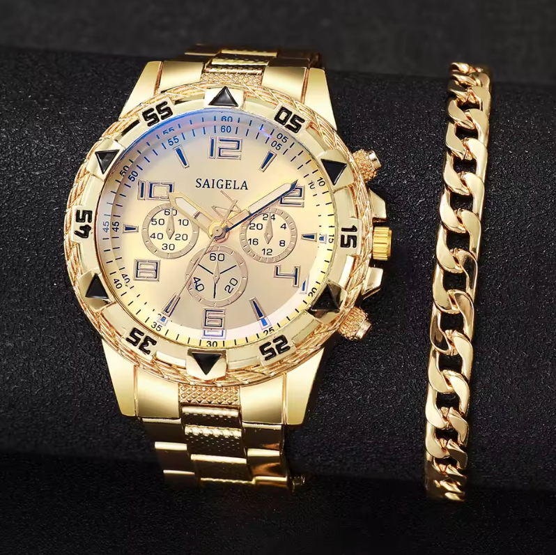 2pc Gold Plated Premium Fashion Cut Stainless Steel Luxury Watch Bracelet Set