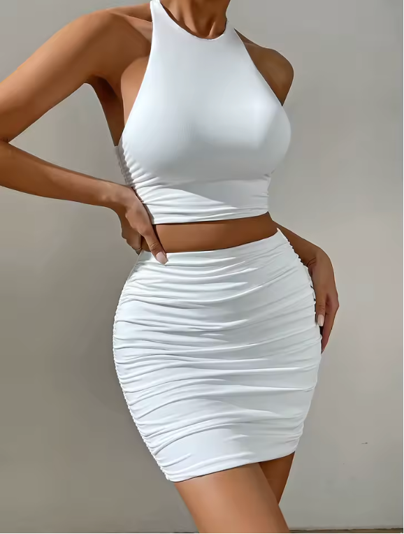 Two Piece Top And Skirt Bodycon Style Tight Stretch Fit Cocktail Dress