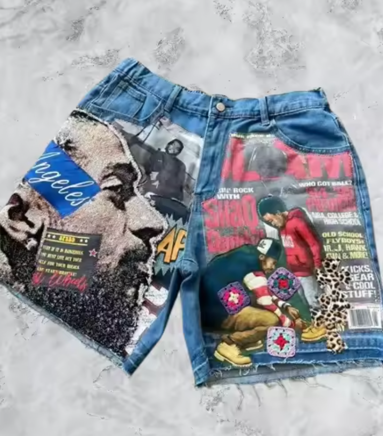 Retro City Theme Custom Graphic Jean Shorts Musical Artist Collage Denim Jorts