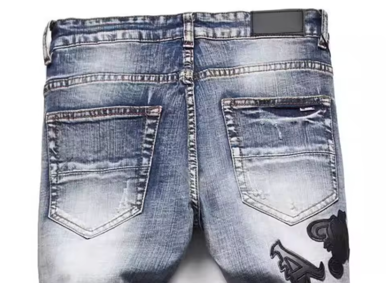 Mens Denim Street Biker Jeans Slim Fit Retro Style Embroidery Patch Logo Jeans