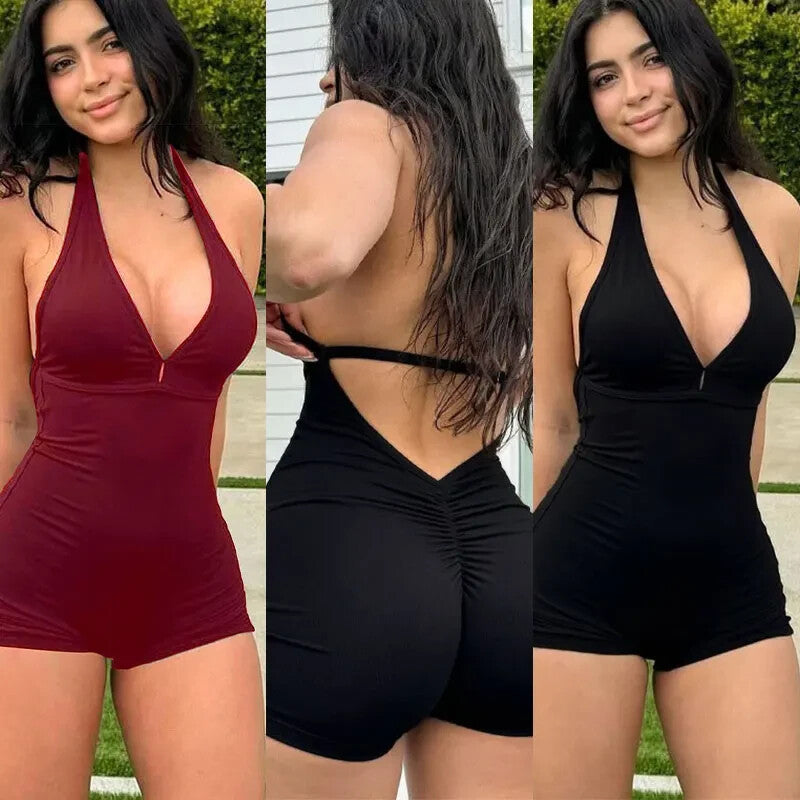 Womens Backless Fitness One Piece Gym Yoga Slim Stretch Fit Spandex Suit