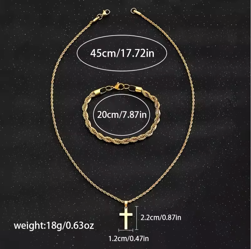 Mens Watch Cross Pendant Chain And Bracelet 3pc Premium Jewelry Set