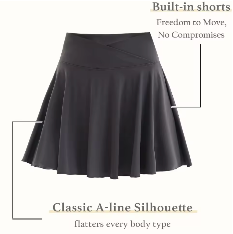Womens Athletic Crossover Skirt With Inner Pocket And Under Shorts