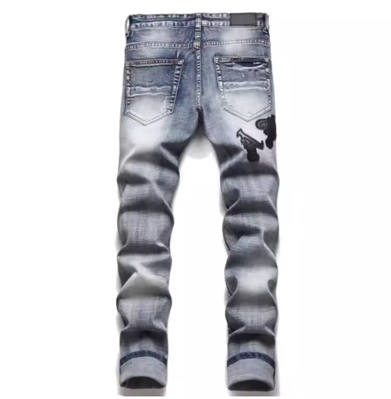 Mens Denim Street Biker Jeans Slim Fit Retro Style Embroidery Patch Logo Jeans