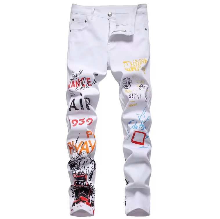 White Denim Mens Skinny Jeans Graffiti Print Multi Color Jeans