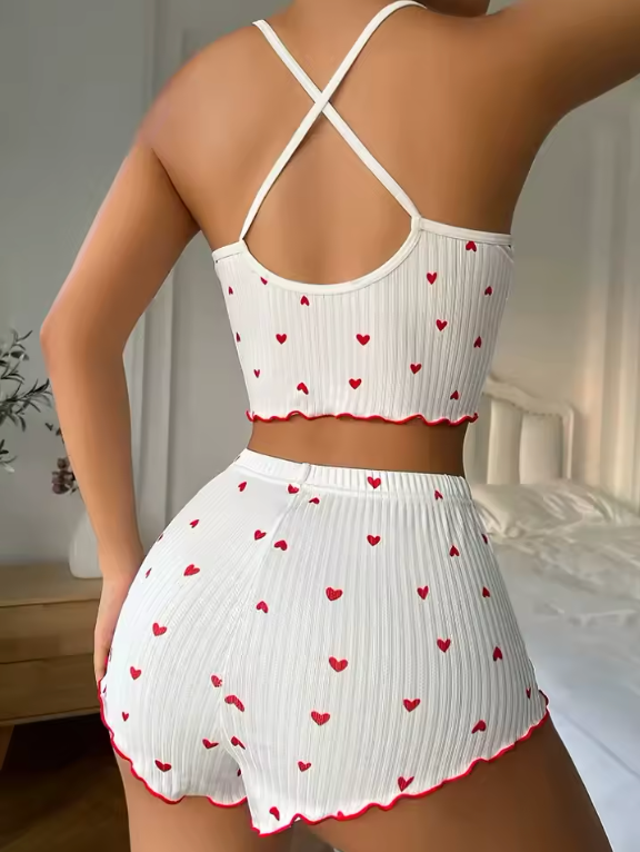 Womens 2 Piece Soft Cotton Shorts And Top Cropped Bow Tied Casual Or Sleepwear