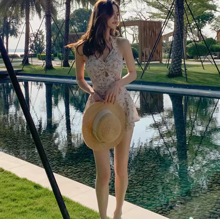 Sundress Floral Pattern One Piece Women Hanging Neck Strap Casual Dress