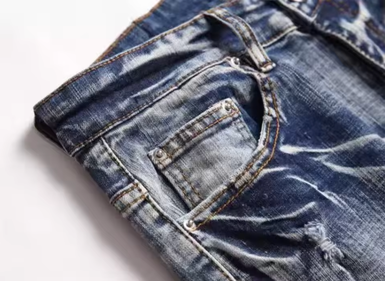 Mens Denim Street Biker Jeans Slim Fit Retro Style Embroidery Patch Logo Jeans