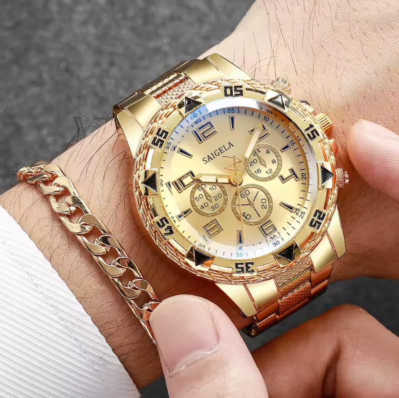 2pc Gold Plated Premium Fashion Cut Stainless Steel Luxury Watch Bracelet Set