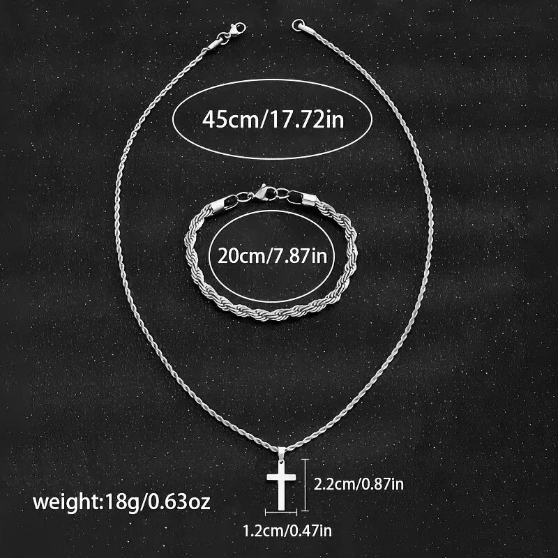 Mens Watch Cross Pendant Chain And Bracelet 3pc Premium Jewelry Set