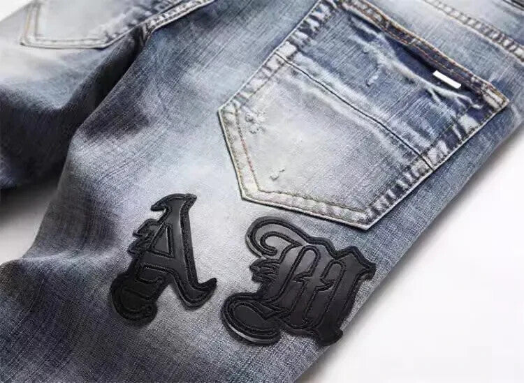 Mens Denim Street Biker Jeans Slim Fit Retro Style Embroidery Patch Logo Jeans