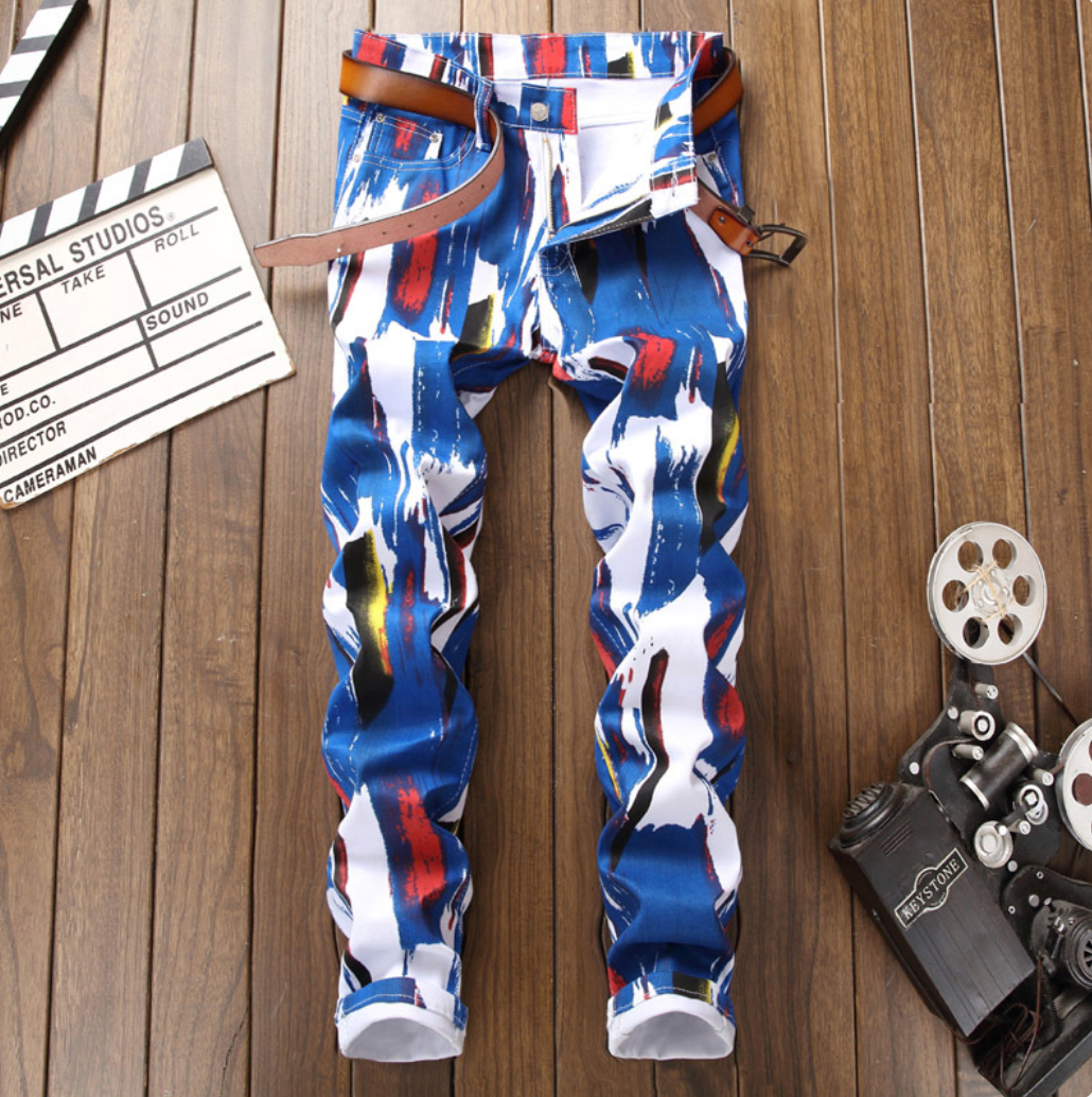 Mens Custom Design Street Fashion Abstract Colorful Jeans Slim