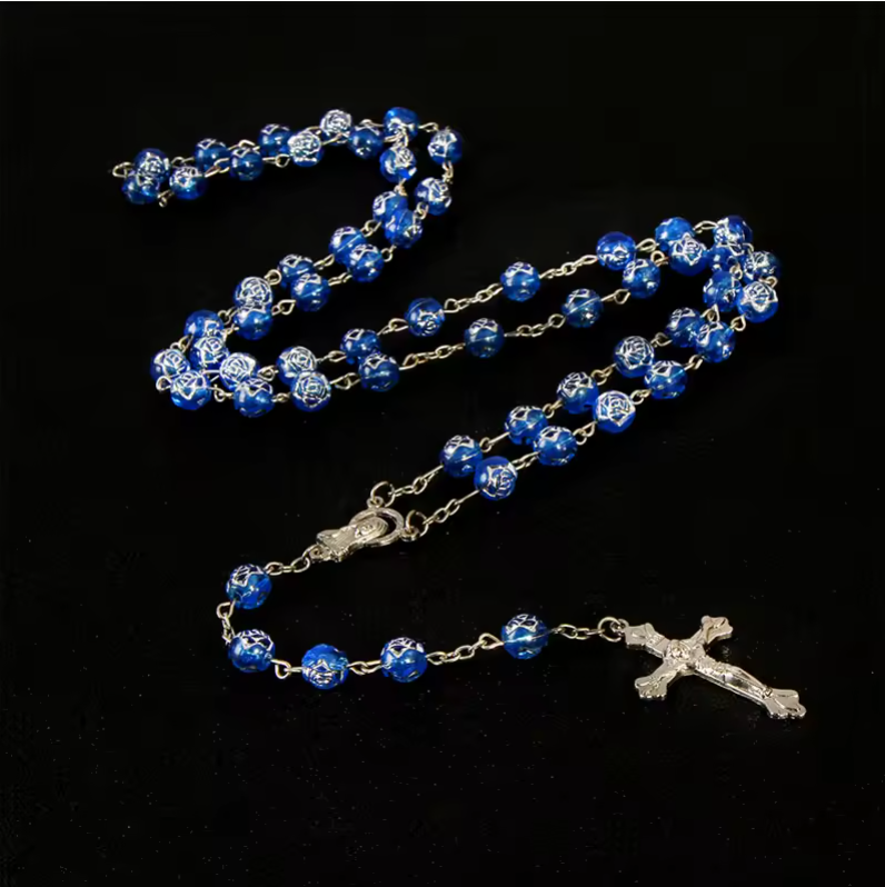 Beaded Rosary Pendant Necklace Alloy Cross Virgin Mary