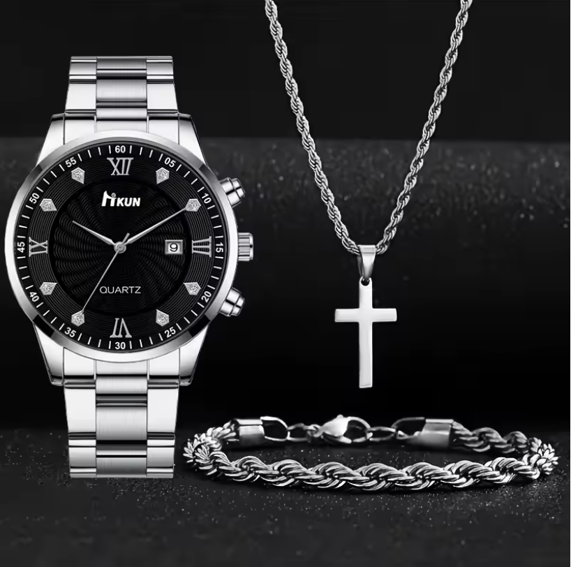 Mens Watch Cross Pendant Chain And Bracelet 3pc Premium Jewelry Set