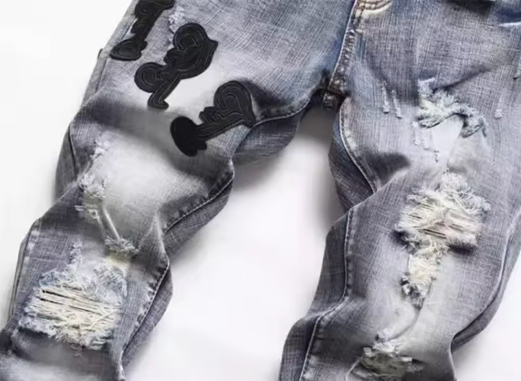 Mens Denim Street Biker Jeans Slim Fit Retro Style Embroidery Patch Logo Jeans