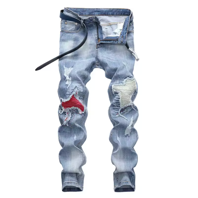 Mens Ruffled Biker Jeans Premium Denim Blend Distressed Customized Jeans