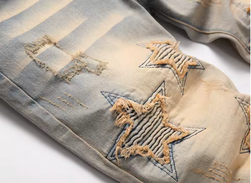 Mens Custom Street Style Biker Denim Distressed Jeans With Star Print And Cuffs