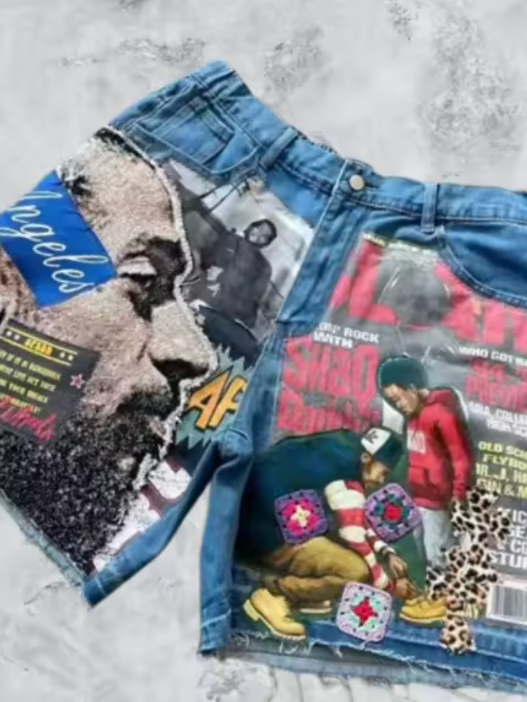 Retro City Theme Custom Graphic Jean Shorts Musical Artist Collage Denim Jorts