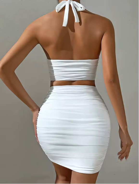 Two Piece Top And Skirt Bodycon Style Tight Stretch Fit Cocktail Dress