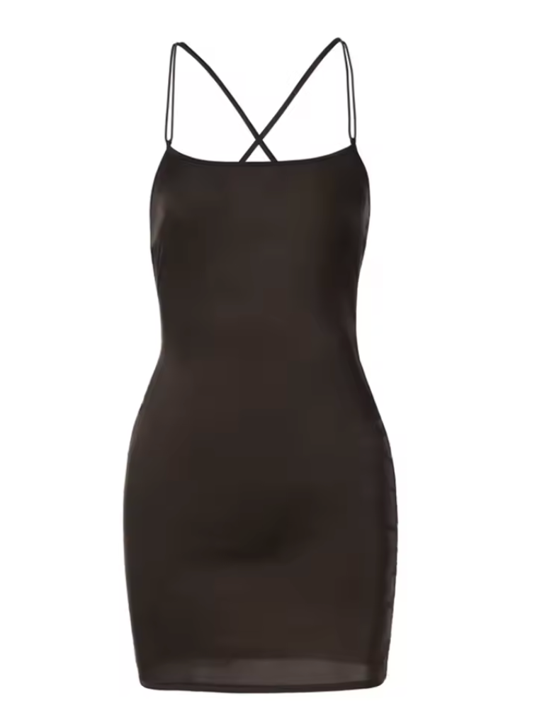 Womens Party Satin Dress Brown Spaghetti Strap Classy Style Dress