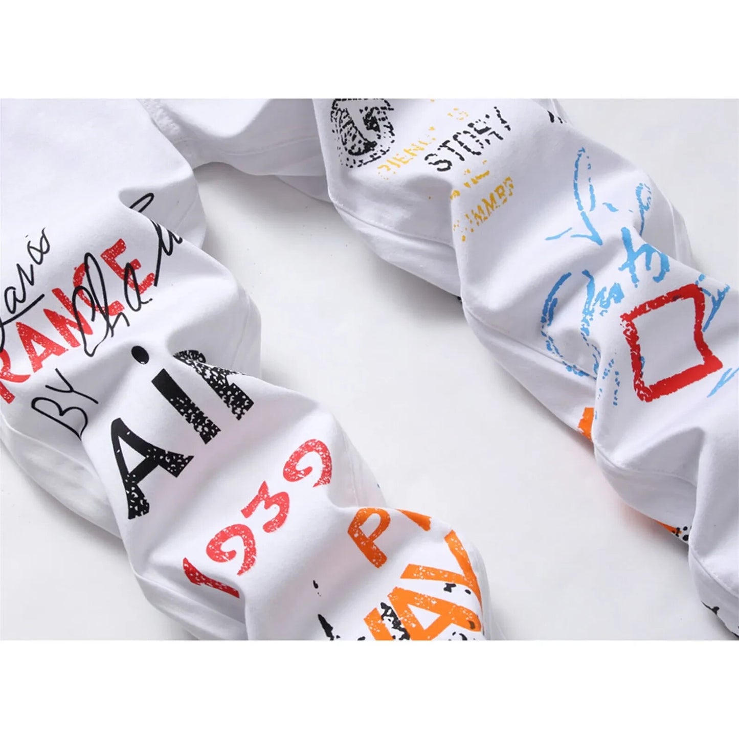 White Denim Mens Skinny Jeans Graffiti Print Multi Color Jeans