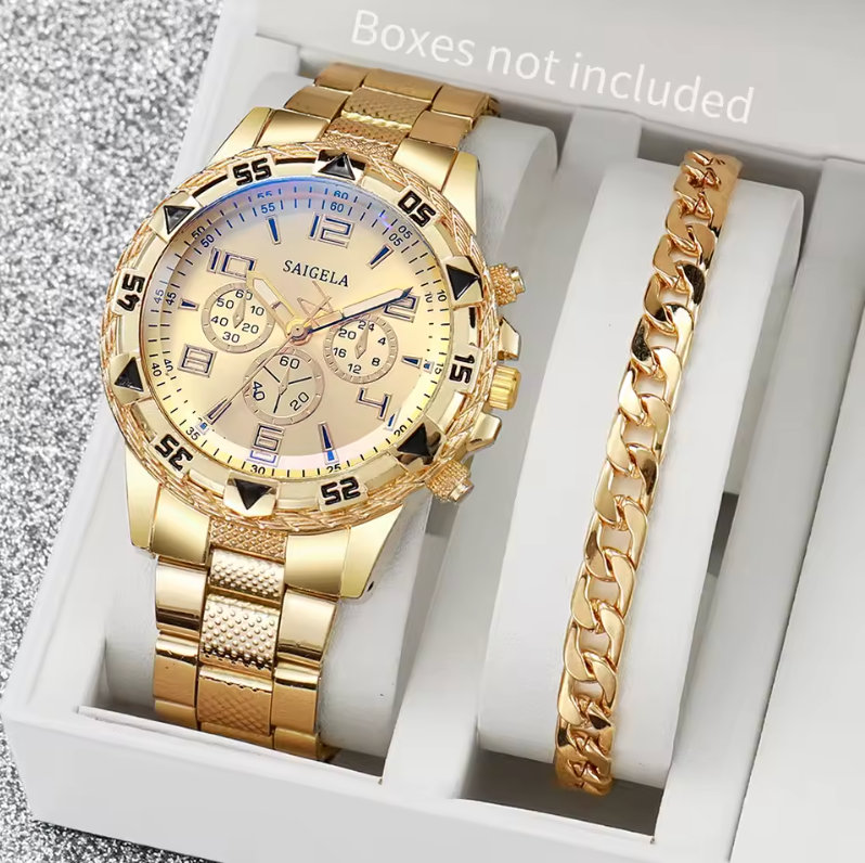 2pc Gold Plated Premium Fashion Cut Stainless Steel Luxury Watch Bracelet Set