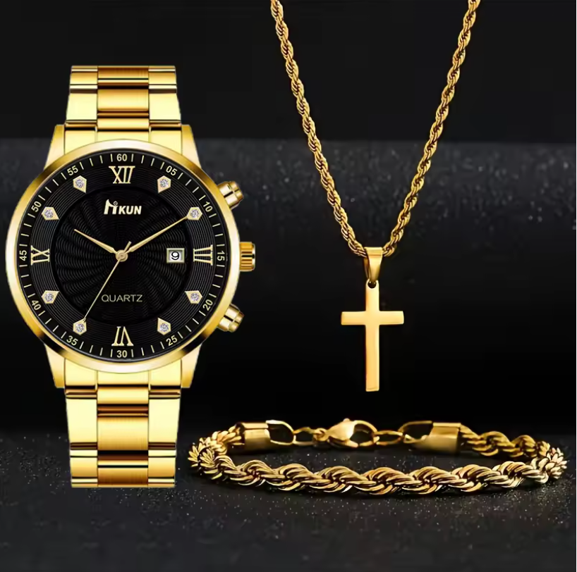 Mens Watch Cross Pendant Chain And Bracelet 3pc Premium Jewelry Set