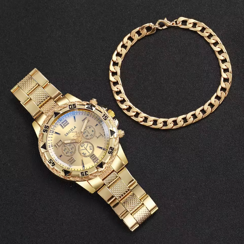 2pc Gold Plated Premium Fashion Cut Stainless Steel Luxury Watch Bracelet Set