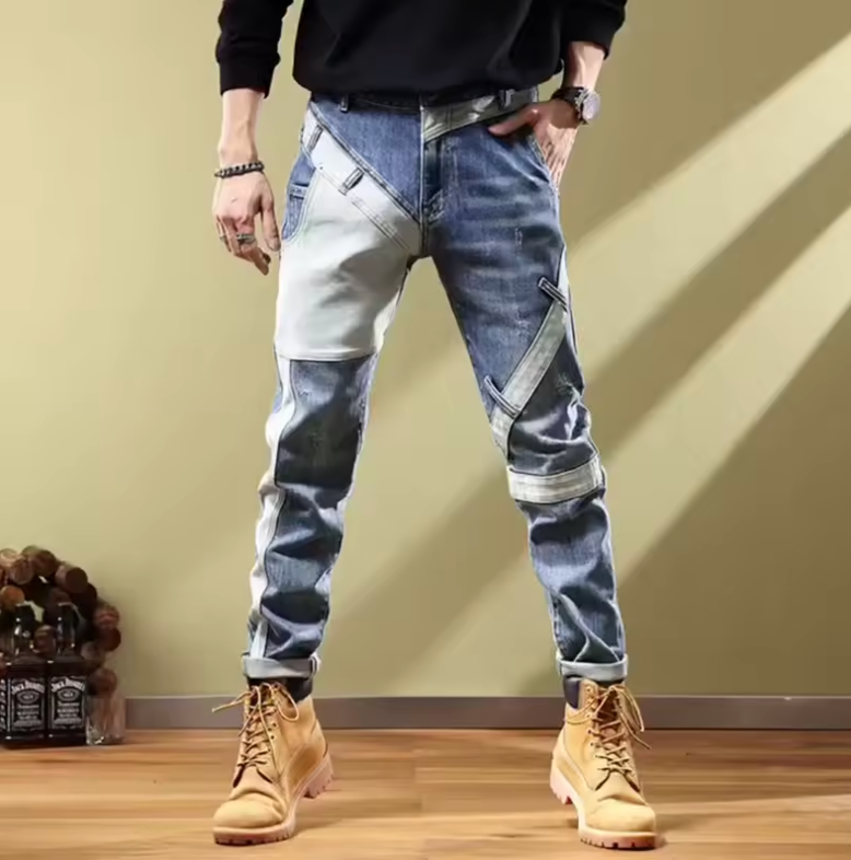Mens Skinny Jeans Retro Theme Fashion Designed Patterned Denim Biker Style Jeans