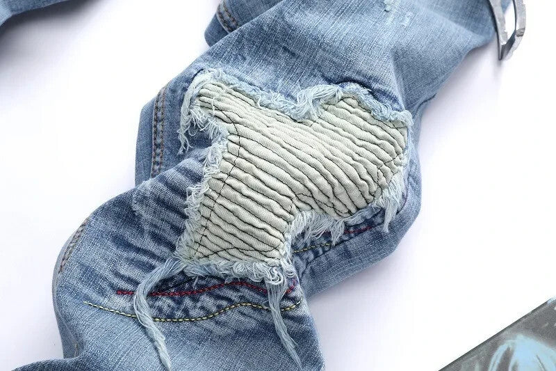 Mens Ruffled Biker Jeans Premium Denim Blend Distressed Customized Jeans