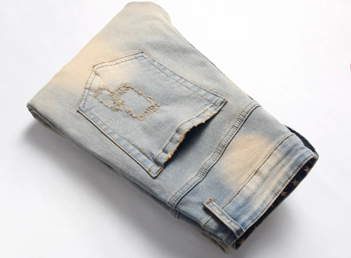 Mens Custom Street Style Biker Denim Distressed Jeans With Star Print And Cuffs