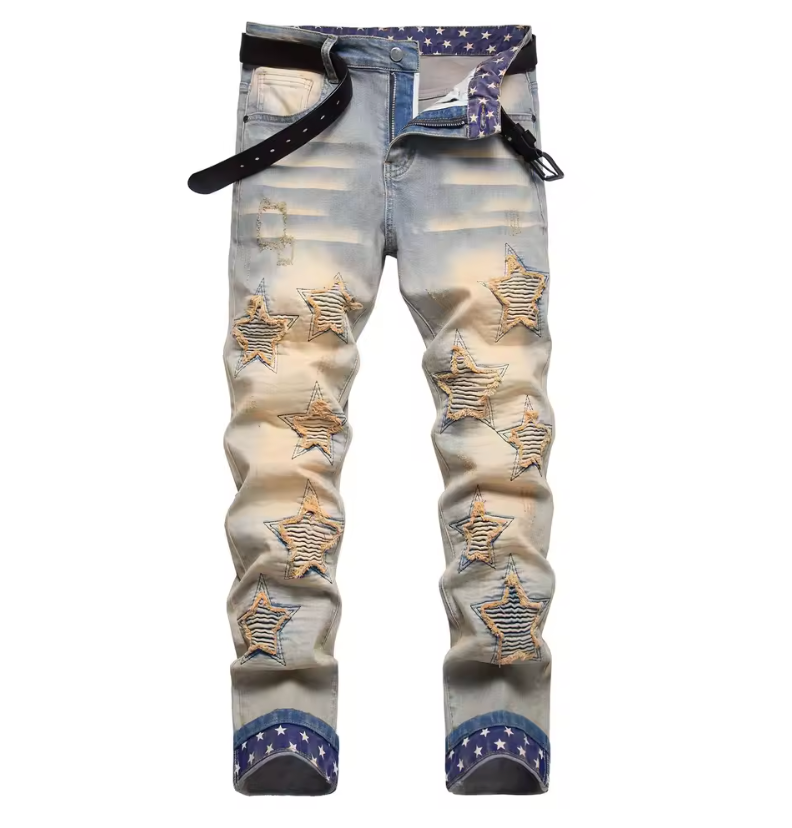 Mens Custom Street Style Biker Denim Distressed Jeans With Star Print And Cuffs