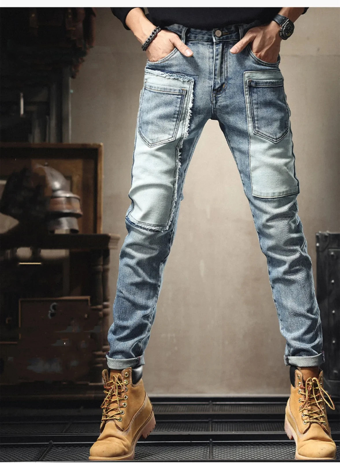 Mens Slim Jeans Frotn Pocket Style Denim Multi Pocket Streetwear Fashion Pants