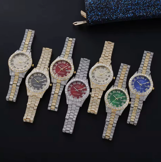 Mens Iced Out AAA Rhinestone 24cm Band Stainless Steel Alloy Quartz Watch