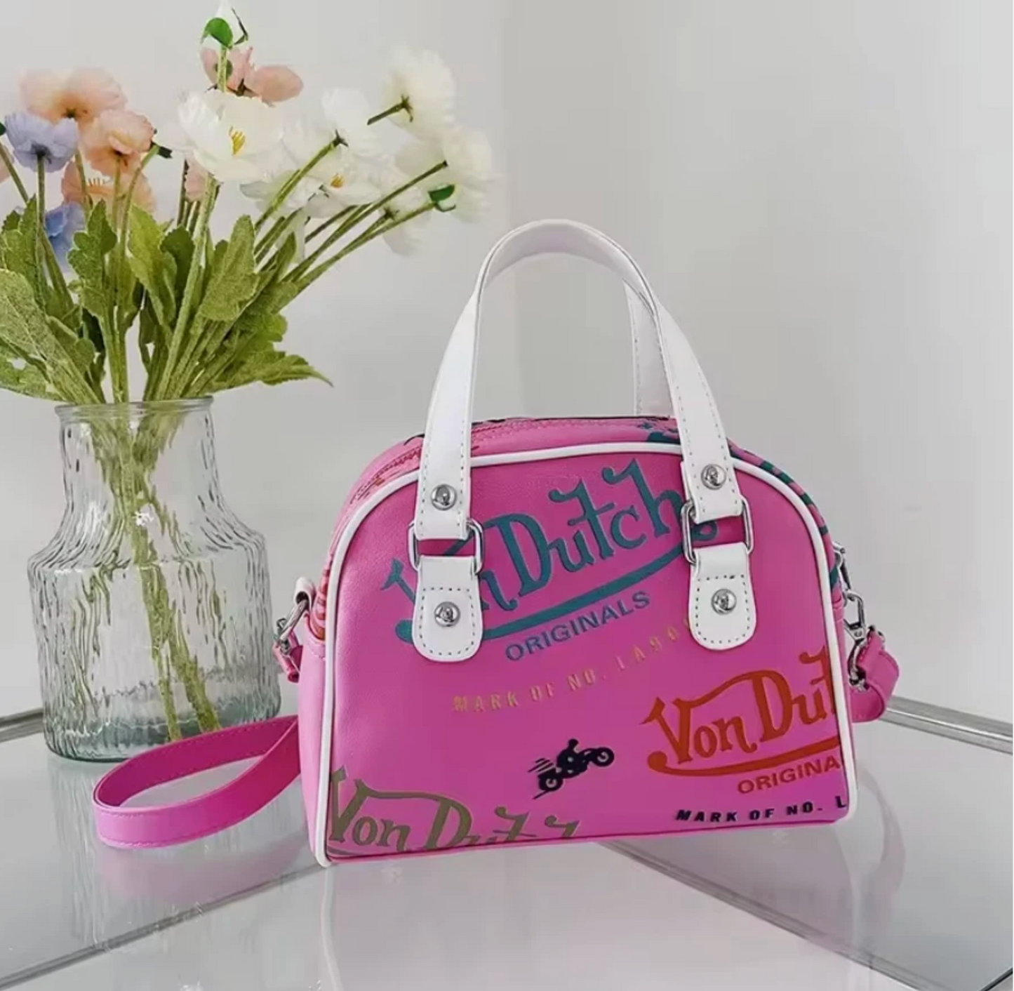 Woman’s Von Dutch Zipper Pouch Shoulder Hand Bags, Pink White Blue & More