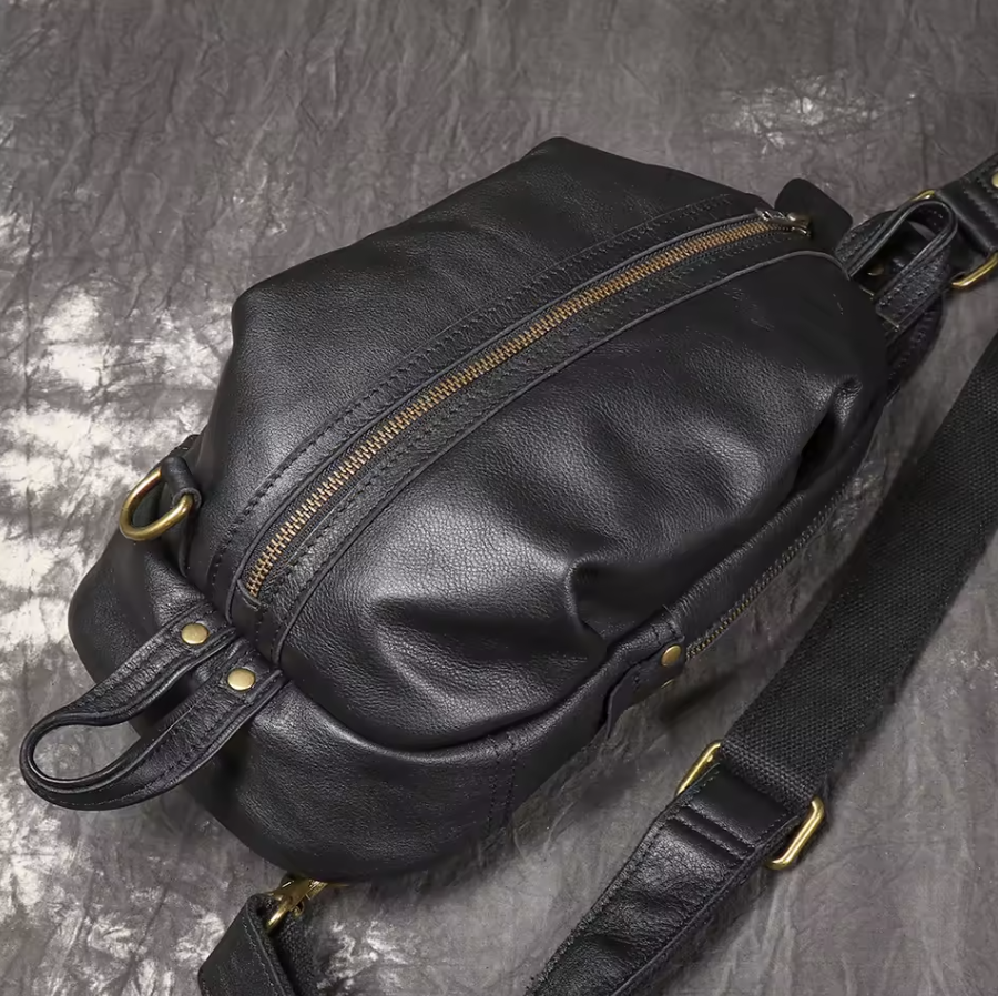 High End Luxury LUOKIR Genuine Leather Shoulder Strap Travel Bag Black & Brass