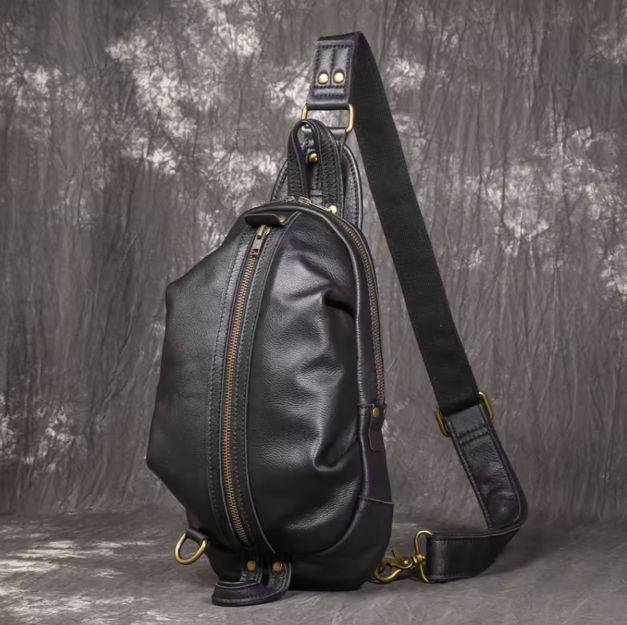 High End Luxury LUOKIR Genuine Leather Shoulder Strap Travel Bag Black & Brass