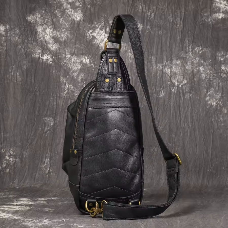 High End Luxury LUOKIR Genuine Leather Shoulder Strap Travel Bag Black & Brass