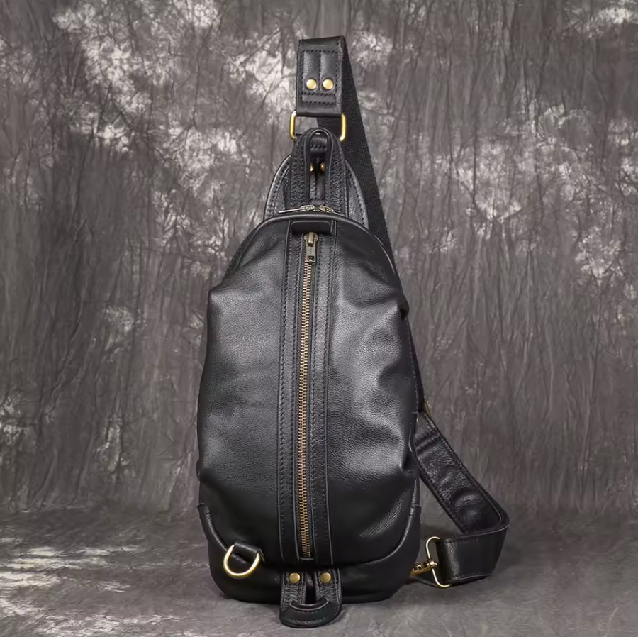 High End Luxury LUOKIR Genuine Leather Shoulder Strap Travel Bag Black & Brass