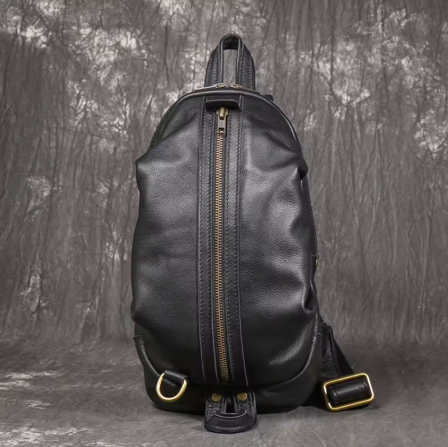 High End Luxury LUOKIR Genuine Leather Shoulder Strap Travel Bag Black & Brass