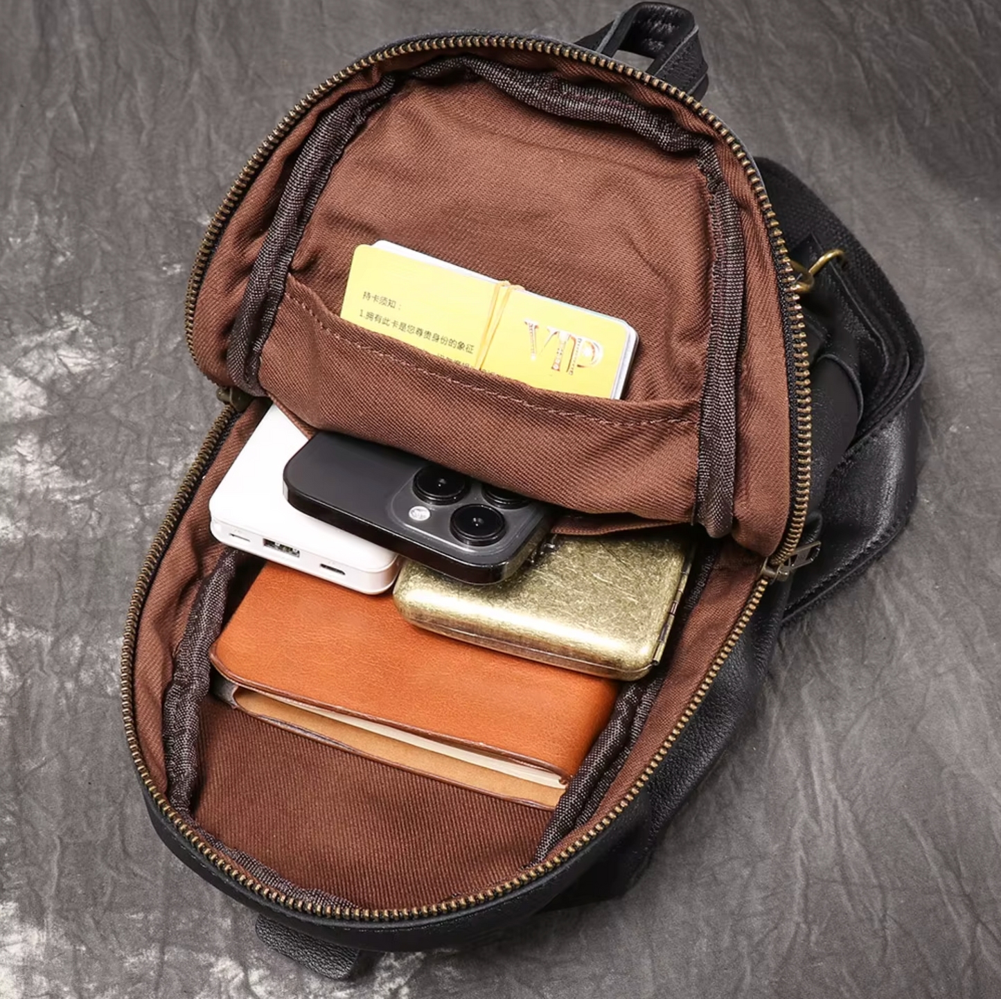 High End Luxury LUOKIR Genuine Leather Shoulder Strap Travel Bag Black & Brass