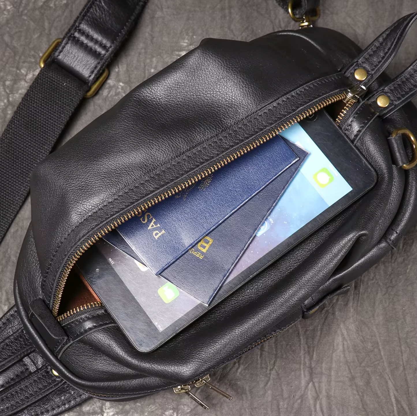 High End Luxury LUOKIR Genuine Leather Shoulder Strap Travel Bag Black & Brass