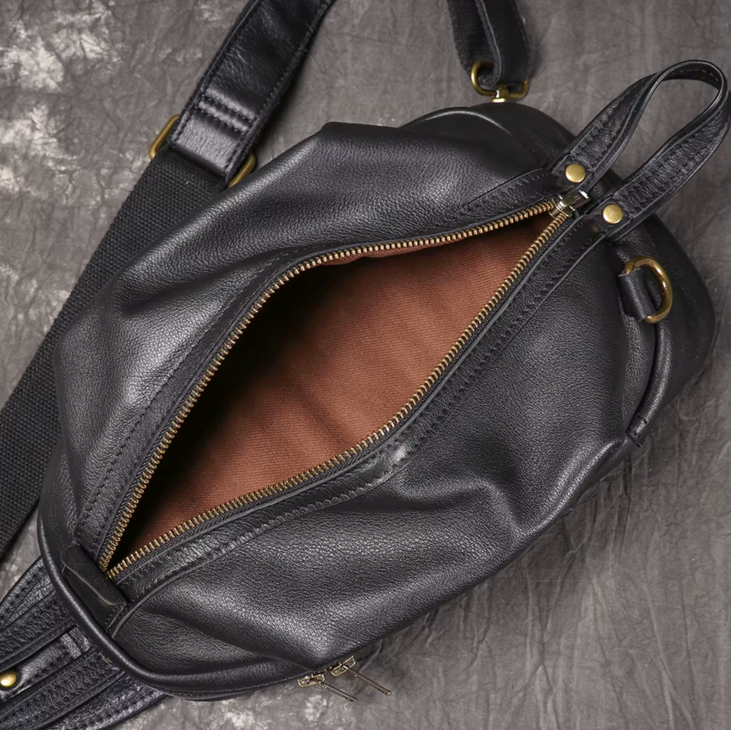 High End Luxury LUOKIR Genuine Leather Shoulder Strap Travel Bag Black & Brass