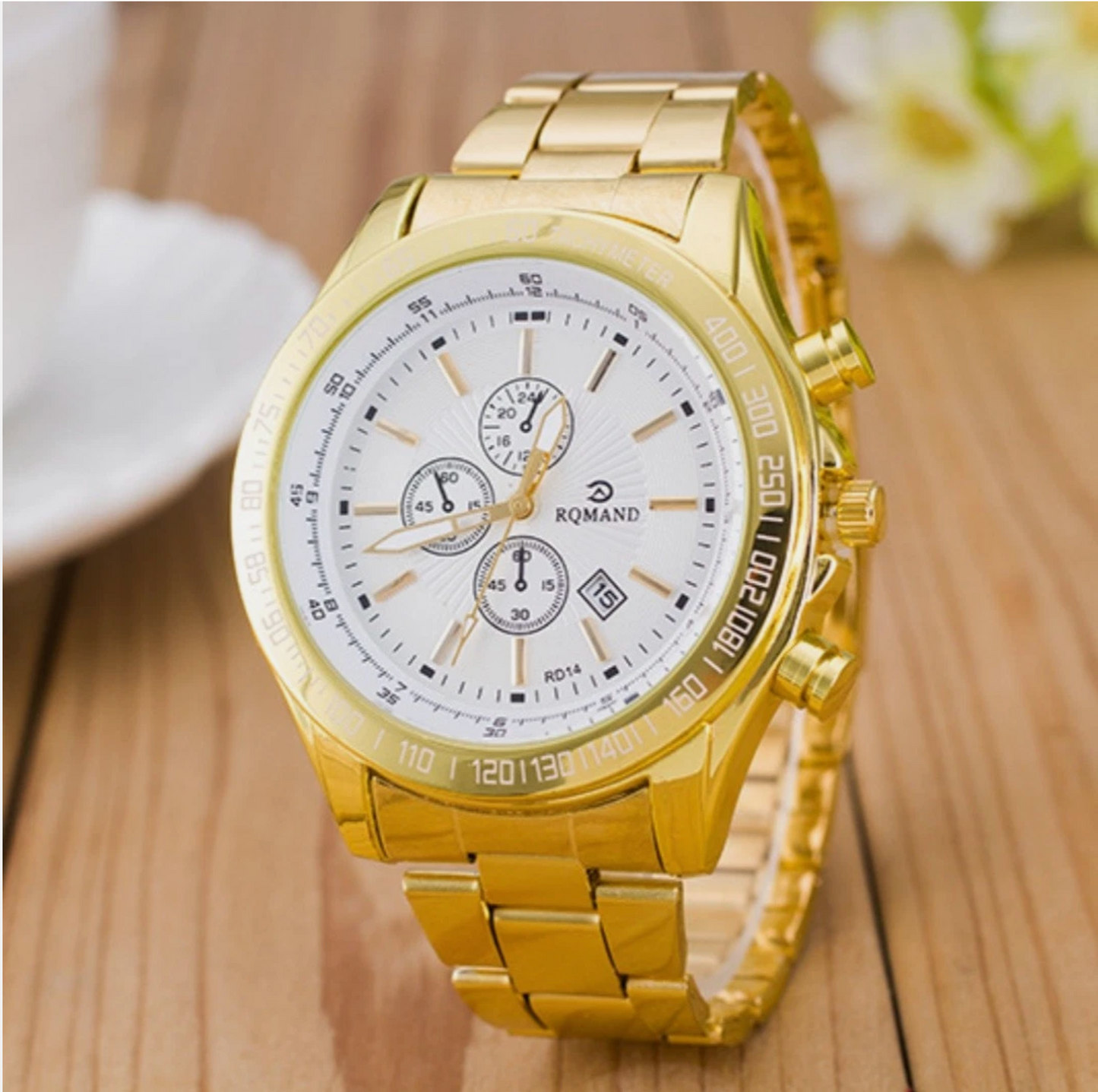 Luxurious High End Gold Stainless Steel Jewelry Fashion Mens Quartz Watch