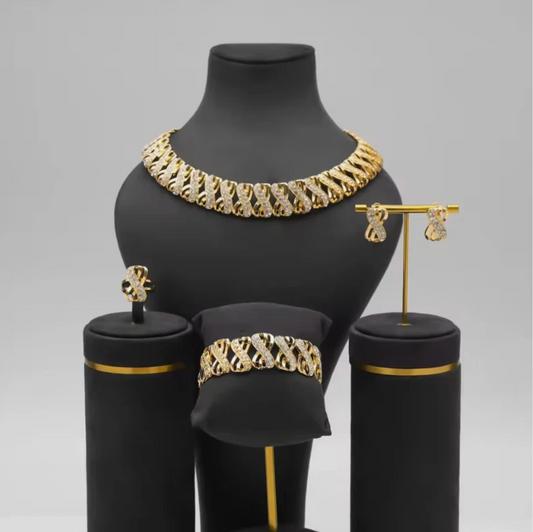Woman's 5pc Necklace Earrings Bracelet Ring Gold Jewelry Set